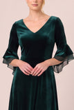 Dark Green A Line 3/4 Sleeve Midi Velvet Dress