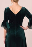 Dark Green A Line 3/4 Sleeve Midi Velvet Dress