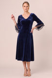 Dark Green A Line 3/4 Sleeve Midi Velvet Dress