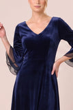 Dark Green A Line 3/4 Sleeve Midi Velvet Dress