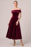 Off The Shoulder A Line Burgundy Midi Velvet Dress