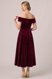 Off The Shoulder A Line Burgundy Midi Velvet Dress