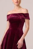 Off The Shoulder A Line Burgundy Midi Velvet Dress