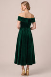 Off The Shoulder A Line Burgundy Midi Velvet Dress