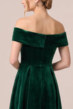 Off The Shoulder A Line Burgundy Midi Velvet Dress
