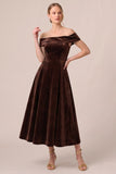 Off The Shoulder A Line Burgundy Midi Velvet Dress