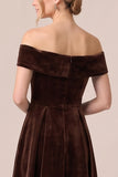 Off The Shoulder A Line Burgundy Midi Velvet Dress
