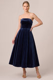 Strapless A Line Navy Midi Velvet Dress