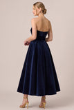 Strapless A Line Navy Midi Velvet Dress