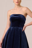 Strapless A Line Navy Midi Velvet Dress