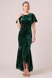 Mermaid Dark Green Flutter Sleeve Ruffled High-Low Velvet Dress