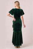 Mermaid Dark Green Flutter Sleeve Ruffled High-Low Velvet Dress