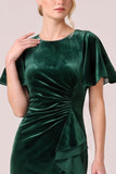 Mermaid Dark Green Flutter Sleeve Ruffled High-Low Velvet Dress
