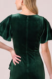 Mermaid Dark Green Flutter Sleeve Ruffled High-Low Velvet Dress