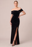 Off The Shoulder Sheath Velvet Maxi Black Tie Dress With Slit