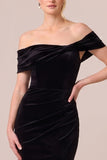 Off The Shoulder Sheath Velvet Maxi Black Tie Dress With Slit