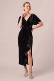 V-Neck Dark Navy Sheath Ruched Midi Velvet Dress With 3D Flower