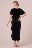 V-Neck Dark Navy Sheath Ruched Midi Velvet Dress With 3D Flower