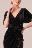 V-Neck Dark Navy Sheath Ruched Midi Velvet Dress With 3D Flower