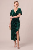 V-Neck Dark Navy Sheath Ruched Midi Velvet Dress With 3D Flower