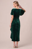 V-Neck Dark Navy Sheath Ruched Midi Velvet Dress With 3D Flower