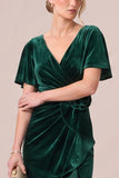 V-Neck Dark Navy Sheath Ruched Midi Velvet Dress With 3D Flower