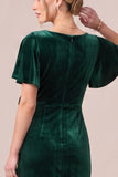 V-Neck Dark Navy Sheath Ruched Midi Velvet Dress With 3D Flower