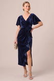 V-Neck Dark Navy Sheath Ruched Midi Velvet Dress With 3D Flower