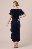 V-Neck Dark Navy Sheath Ruched Midi Velvet Dress With 3D Flower