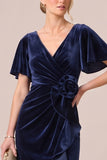 V-Neck Dark Navy Sheath Ruched Midi Velvet Dress With 3D Flower