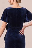 V-Neck Dark Navy Sheath Ruched Midi Velvet Dress With 3D Flower