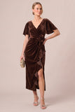 V-Neck Dark Navy Sheath Ruched Midi Velvet Dress With 3D Flower