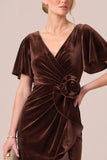 V-Neck Dark Navy Sheath Ruched Midi Velvet Dress With 3D Flower
