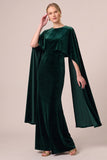 Sheath Dark Green Velvet Cape Sleeve Long Formal Dress