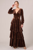 Tiered Ruffled A-Line Brown Velvet Long Sleeve Formal Dress