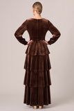 Tiered Ruffled A-Line Brown Velvet Long Sleeve Formal Dress