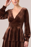Tiered Ruffled A-Line Brown Velvet Long Sleeve Formal Dress