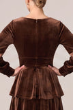 Tiered Ruffled A-Line Brown Velvet Long Sleeve Formal Dress