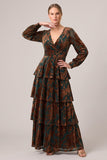 Tiered Ruffled A-Line Brown Velvet Long Sleeve Formal Dress