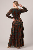 Tiered Ruffled A-Line Brown Velvet Long Sleeve Formal Dress