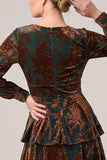 Tiered Ruffled A-Line Brown Velvet Long Sleeve Formal Dress