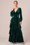 Tiered Ruffled A-Line Brown Velvet Long Sleeve Formal Dress