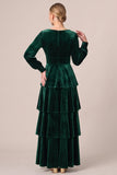 Tiered Ruffled A-Line Brown Velvet Long Sleeve Formal Dress