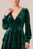 Tiered Ruffled A-Line Brown Velvet Long Sleeve Formal Dress