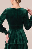 Tiered Ruffled A-Line Brown Velvet Long Sleeve Formal Dress