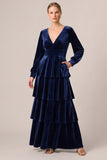 Tiered Ruffled A-Line Brown Velvet Long Sleeve Formal Dress