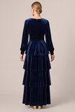Tiered Ruffled A-Line Brown Velvet Long Sleeve Formal Dress