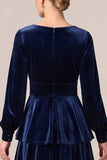 Tiered Ruffled A-Line Brown Velvet Long Sleeve Formal Dress