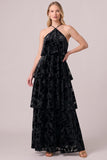 Halter Black Tiered Velvet A-Line Long Formal Dress with Ruffles