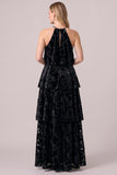 Halter Black Tiered Velvet A-Line Long Formal Dress with Ruffles